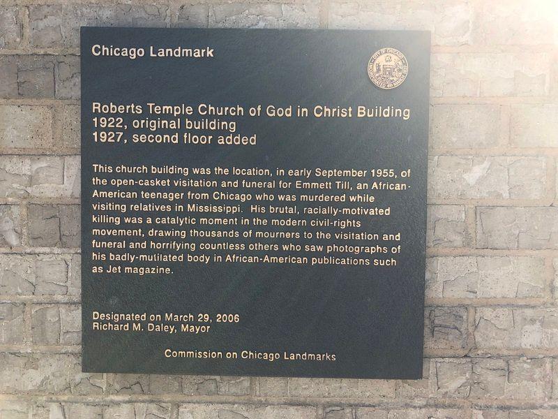 Chicago Landmark Plaque. This plaque can be found on the front of the restored Robert’s Temple Church of God in Christ.