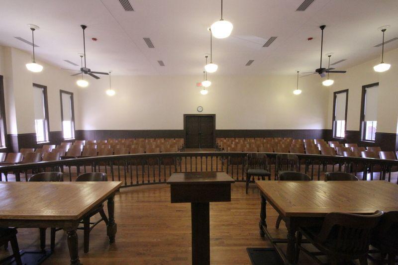 Courthouse interior, 2015. This photograph looks out from the site where Moses Wright famously identified the white murderers.