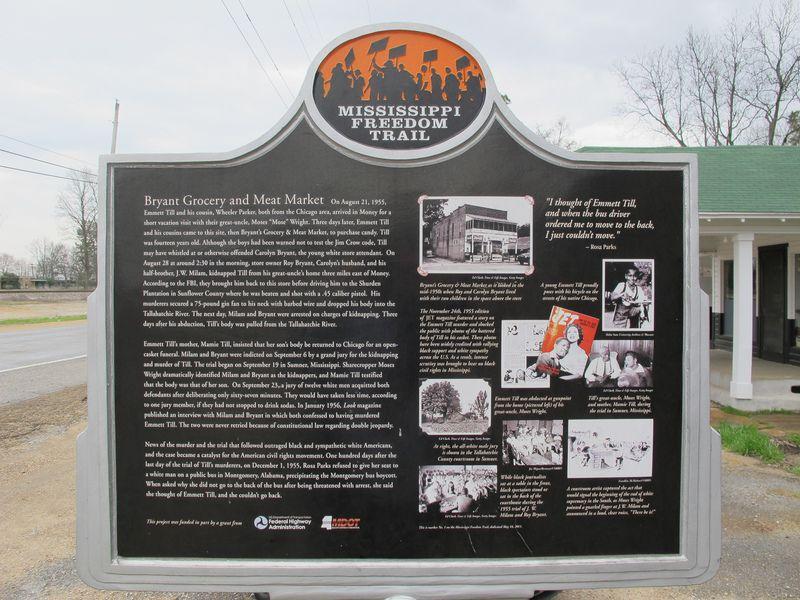 Mississippi Freedom Trail Sign #1. This sign was erected in 2011. In 2017, the controversial quotation from Rosa Parks was removed (note the upper-right corner of the sign) and replaced with a non-controversial quotation from Mamie Till-Mobley.