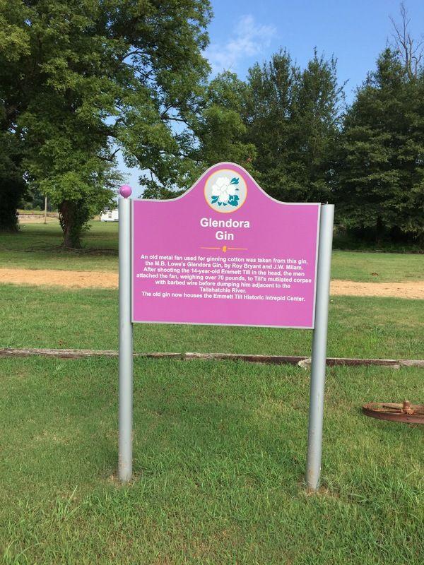 Tallahatchie Civil Rights Driving Tour Marker, Glendora Gin. This sign was erected in 2008 by the Emmett Till Memorial Commission of Tallahatchie County. It was funded by Morgan Freeman. The commission leaned on the research of Plater Robinson to craft their message.